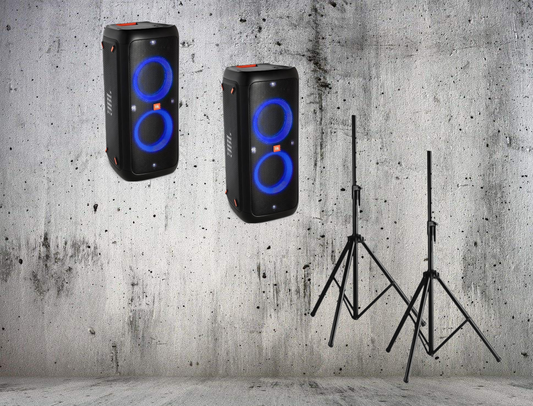 2x JBL Partybox 310 draadloze speaker met statieven