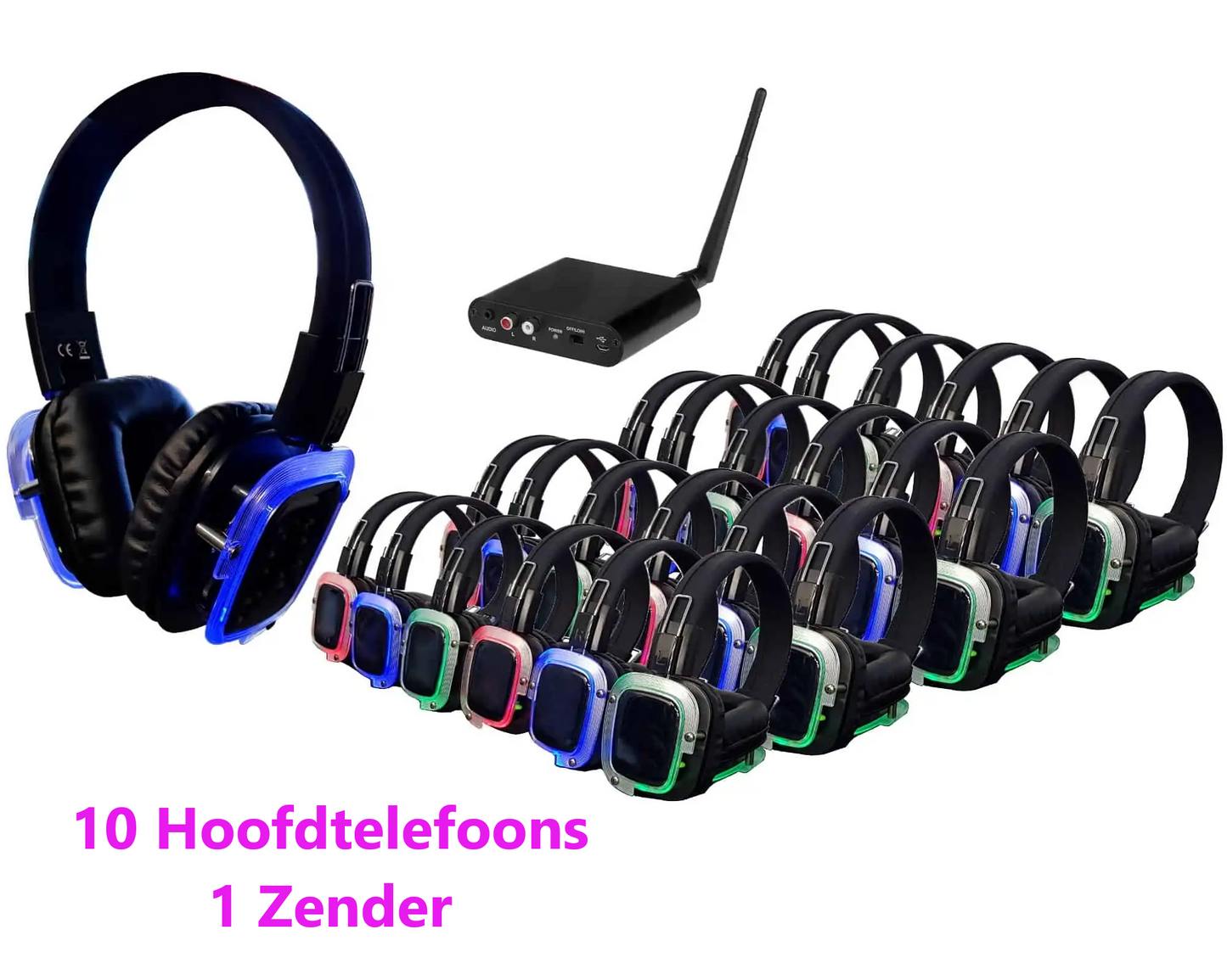 Silent Disco set 10 hoofdtelefoons + 1 zender