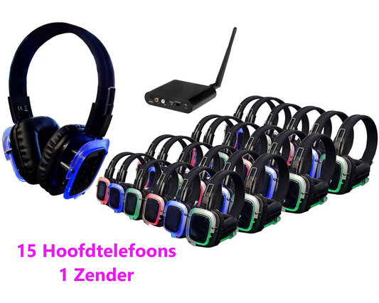 Silent Disco set 15 hoofdtelefoons + 1 zender