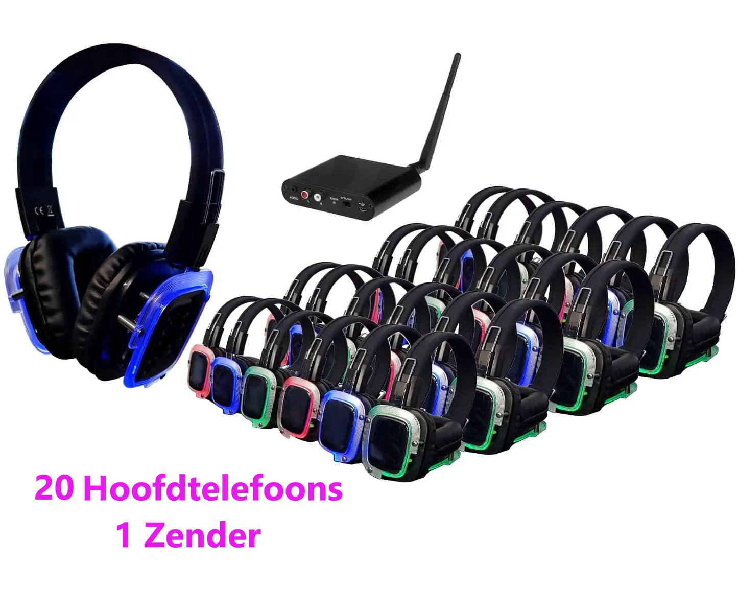 Silent Disco set 20 hoofdtelefoons + 1 zender